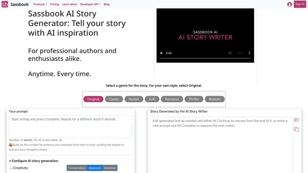 Sassbook AI Story generator screenshot