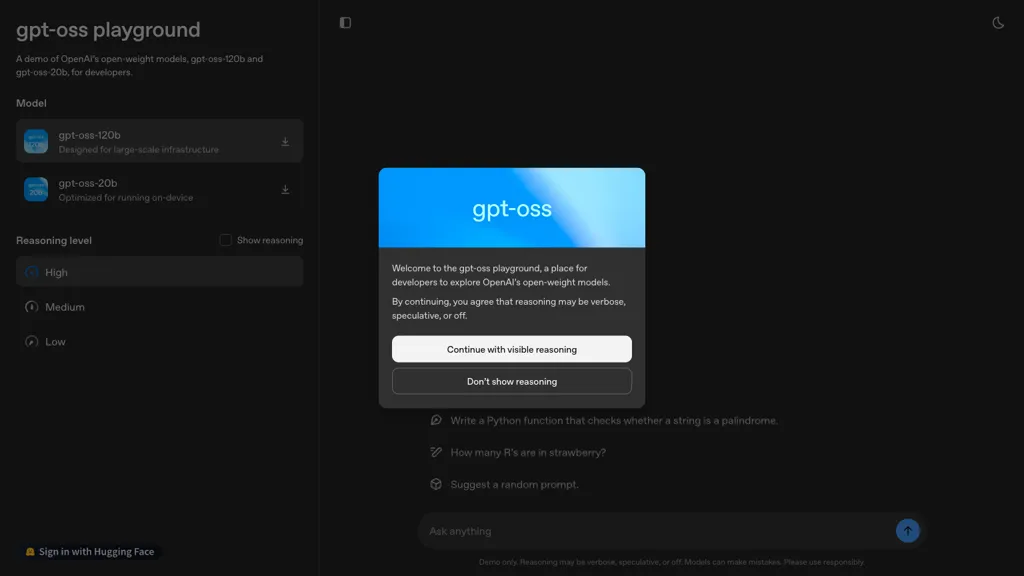gpt-oss playground screenshot