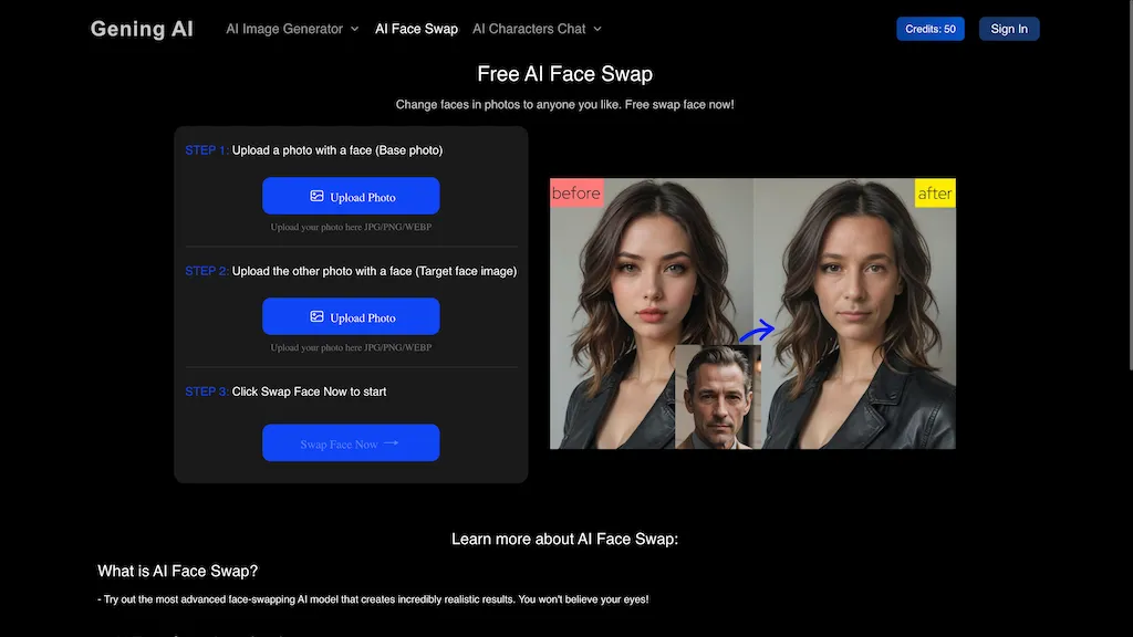 Gening AI face swapper screenshot