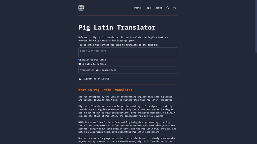 Pig latin translator screenshot