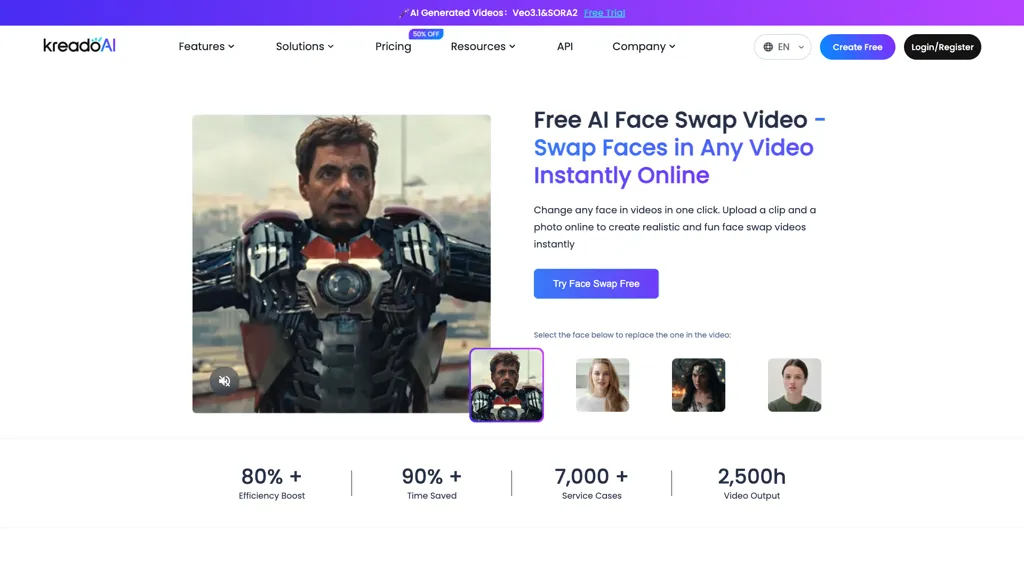 KreadoAI video face swap screenshot