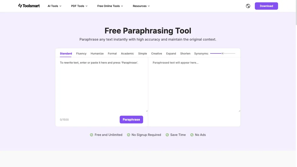 Toolsmart - Paraphrasing AI tool screenshot